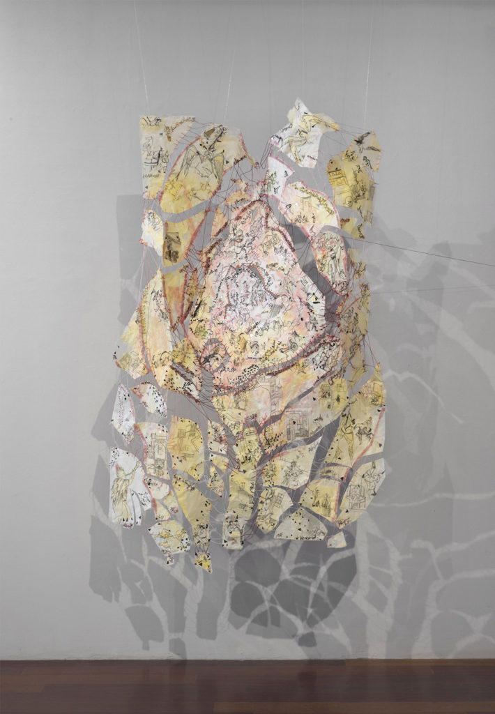 I Sinned a Sin full of Pleasure - Paper, thread, lace, piece of clothes and mirror - 159 x 41 x 10 in.
