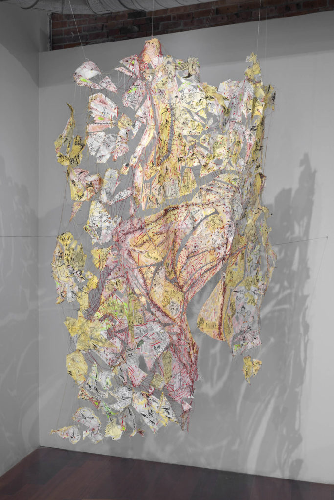 I Still Rise - Paper, thread, lace, piece of clothes and mirror - 79 x 63 x 22 in.