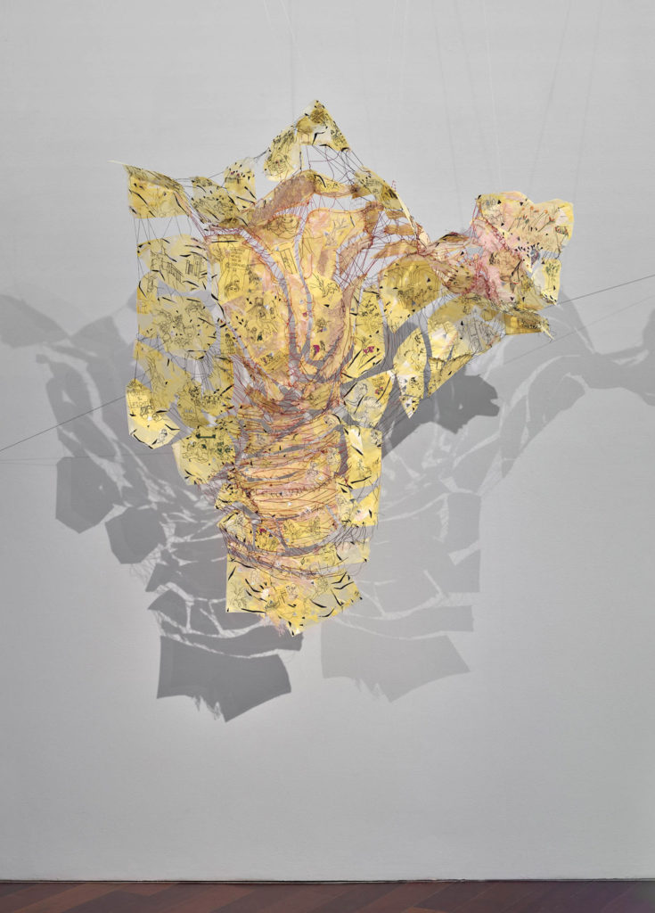 Listen to the distance voice - Paper, thread, lace, piece of clothes and mirror - 60 x 49 x 15 in.