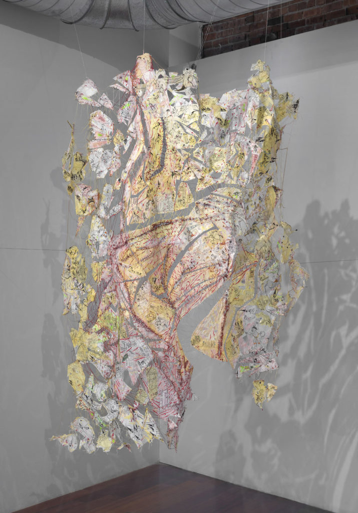 Still I Rise - Paper, thread, lace, piece of clothes and mirror - 79 x 63 x 22 in.