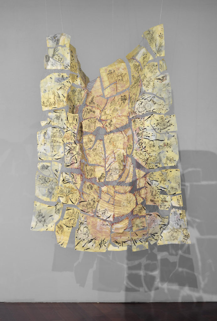 Welcome and entertain them all - Paper, thread, lace, piece of clothes and mirror - 56 x 41 x 18 in.
